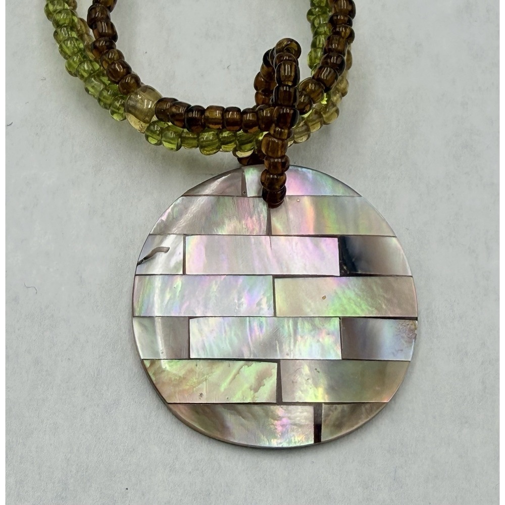Vintage Mother of Pearl Mosaic Pendant Necklace Multi‎ Strand Beaded Boho